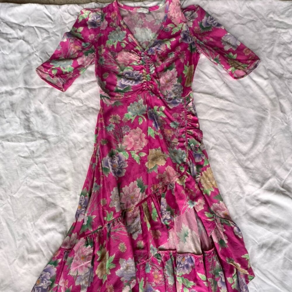 Sandro pink gathered floral print jacquard dress